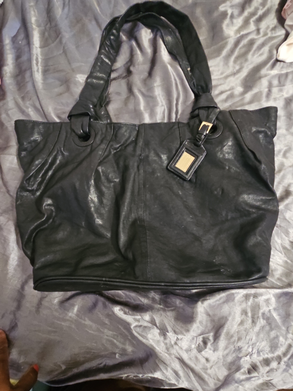 Charles David Black Leather Shoulder Satchel with Tag Accent